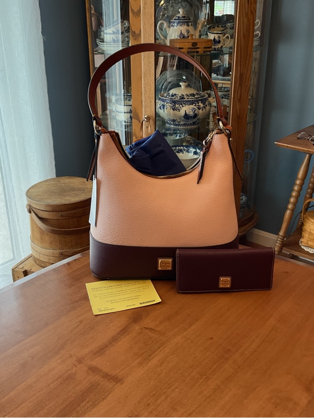 Dooney & Bourke Pink and Bordeax Pebbled Leather Colorblock Hobo with Wallet